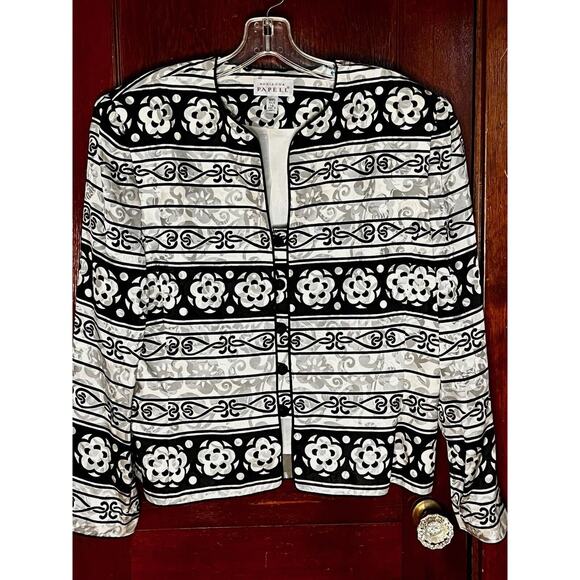 ADRIANA PAPELL BLACK GRAY WHITE FLORAL 100% SILK JACKET BLAZER SIZE 14 - Picture 2 of 5